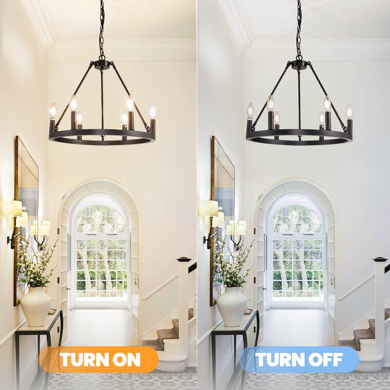 Black Farmhouse Chandelier, 6-Light Wagon Wheel Chandelier with Adjustable Height