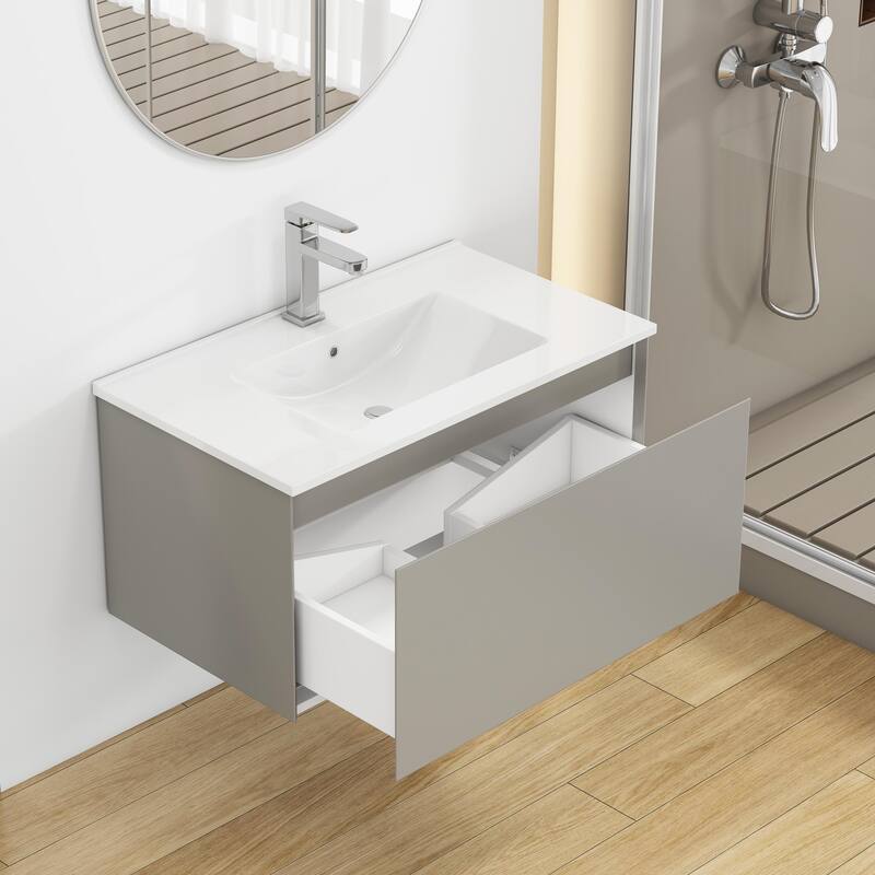 Wall-Mounted Bathroom Vanity, Floating Single Drawer Cabinet, 32 Inch Integrated Ceramic Sink