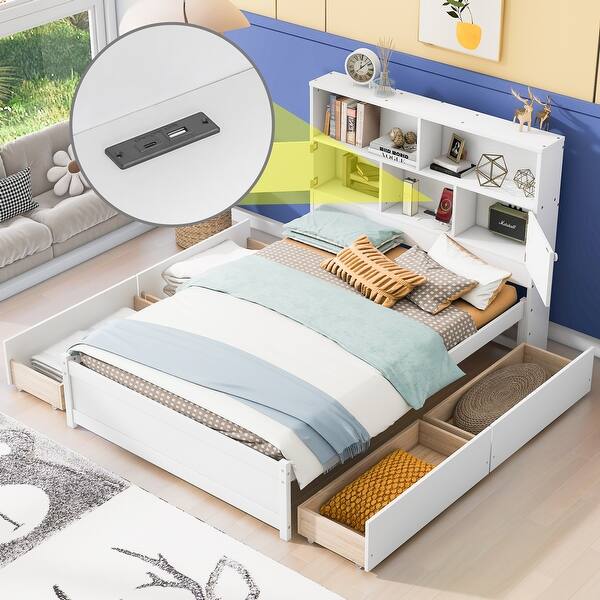 slide 2 of 16, Full Size Platform Bed with Storage Headboard, Charging Station, 4-Drawers, Solid Pine Wood Bed Frame for Bedroom, White White