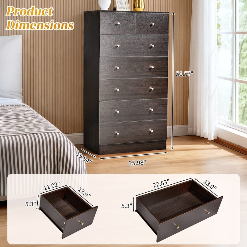 Large 7-Drawer Dresser For Bedroom And Chest Of Drawers With Sturdy Construction Wood Storage Organizer For Closet