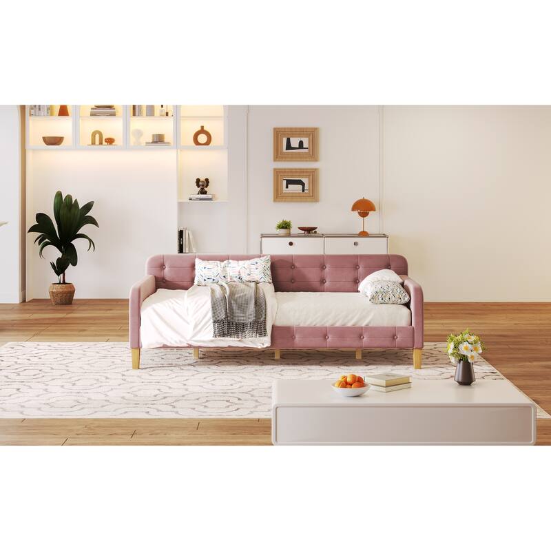 Twin Size Velvet Upholstered Daybed with Slatted and 4 Wooden Support Legs, Button Backrest Platform Bed Frame