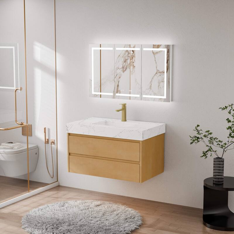 Modland 36" Floating Modern Bathroom Vanity with Single Sink,Maple Wood Wall Mounted Vanity with Marble Countertop - 36 Inch - 36 Inch