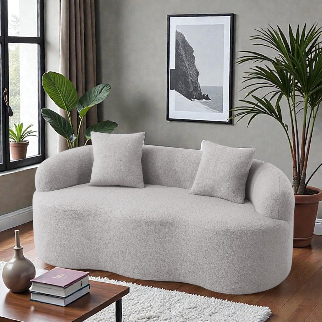 Curved Loveseat Sofa with Round Armrests, Compression Couch with 2 Pillows, Cream No Assembly Sofa