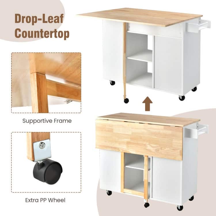 Drop-Leaf Kitchen Island with Rubber Wood Top - 49" x 30" x 36"(L x W x H)
