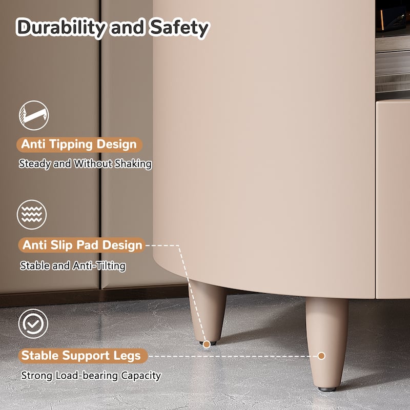 Round Nightstand with Drawer & Open Shelf, Nightstand with Leather Handle & Tapered Legs, Large Capacity Sofa Side Table