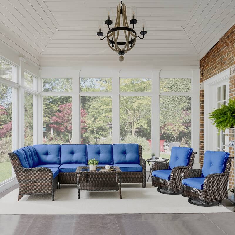 Gymojoy Outdoor Sofa with Swivel Chair Corner Sofa Table - Brown - Blue