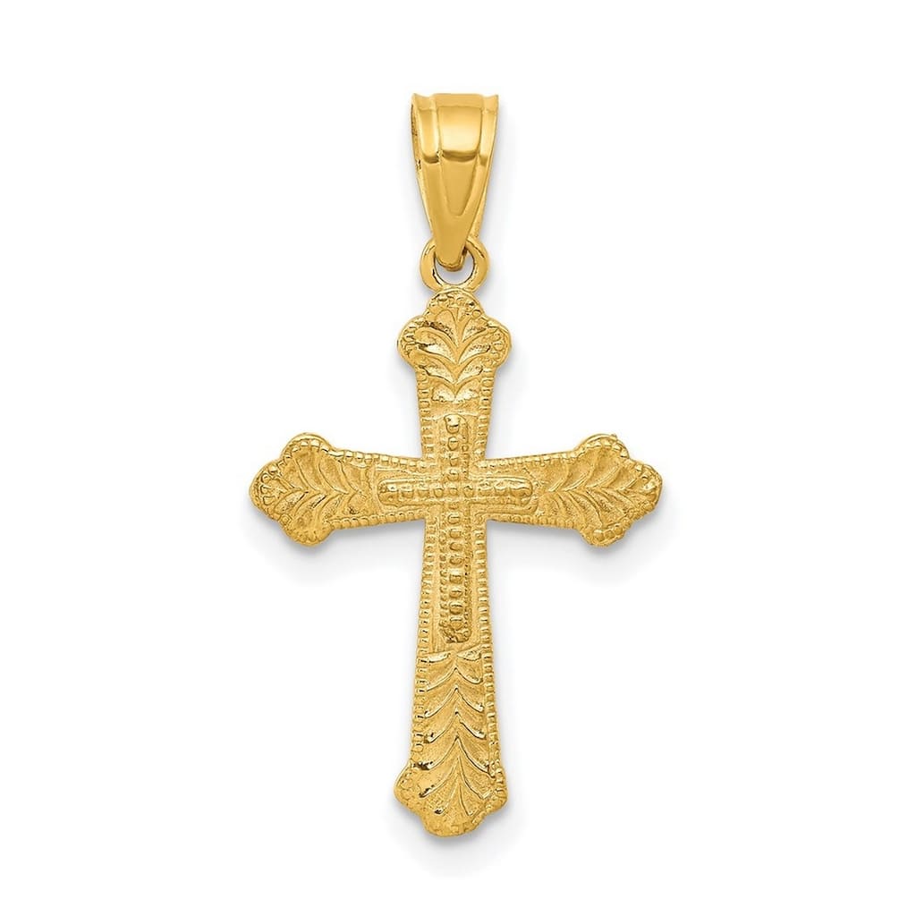 Curata 10k Yellow Gold 18" Textured Budded Cross Pendant Necklace - 25x13mm