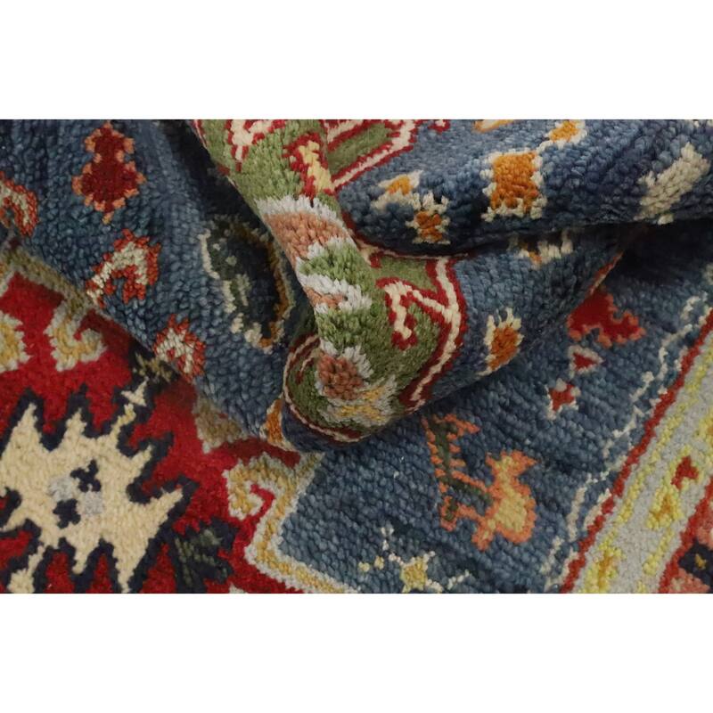 Hand Knotted Oriental 100% Wool Carpet Traditional Geometric Navy Blue & Blues Kazak Runner Rug - 8' 3'' X 2' 6''