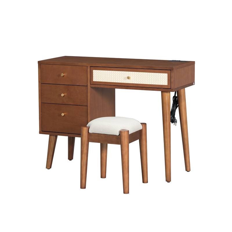 2-Pieces Bedroom Sets,Queen Size Wooden Platform Bed with Natural Rattan Headboard,and Wooden Makeup Vanity Set