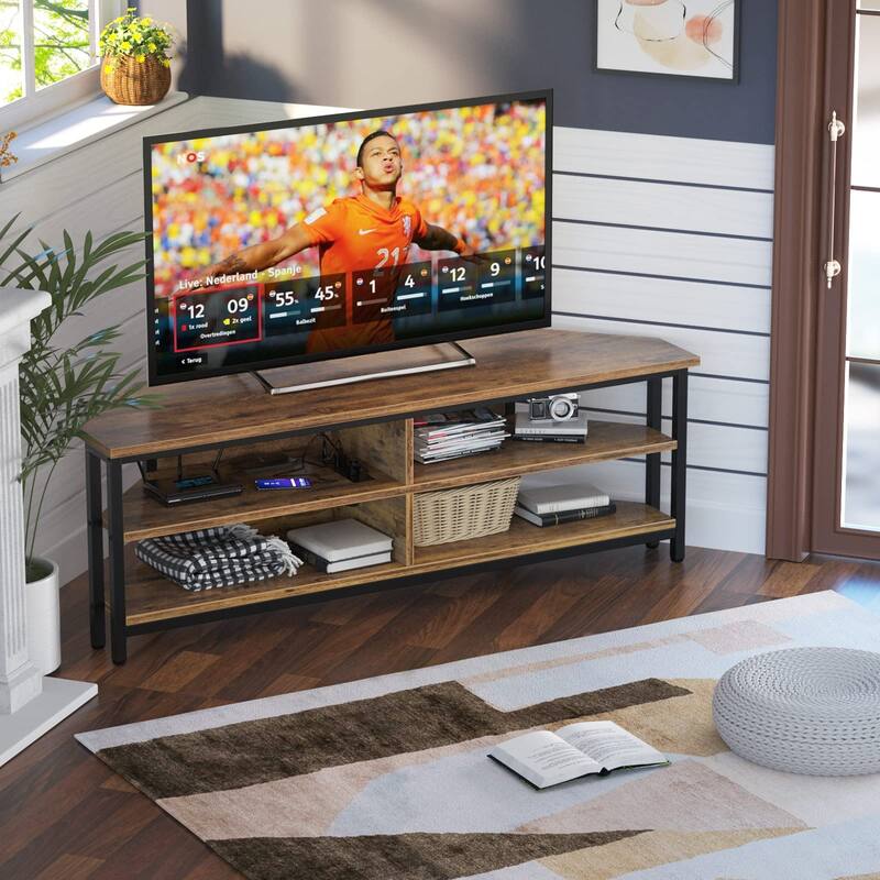 Farmhouse Wood Corner TV Stand with Power Outlet, Space Saving Entertainment Center Media TV Console Table