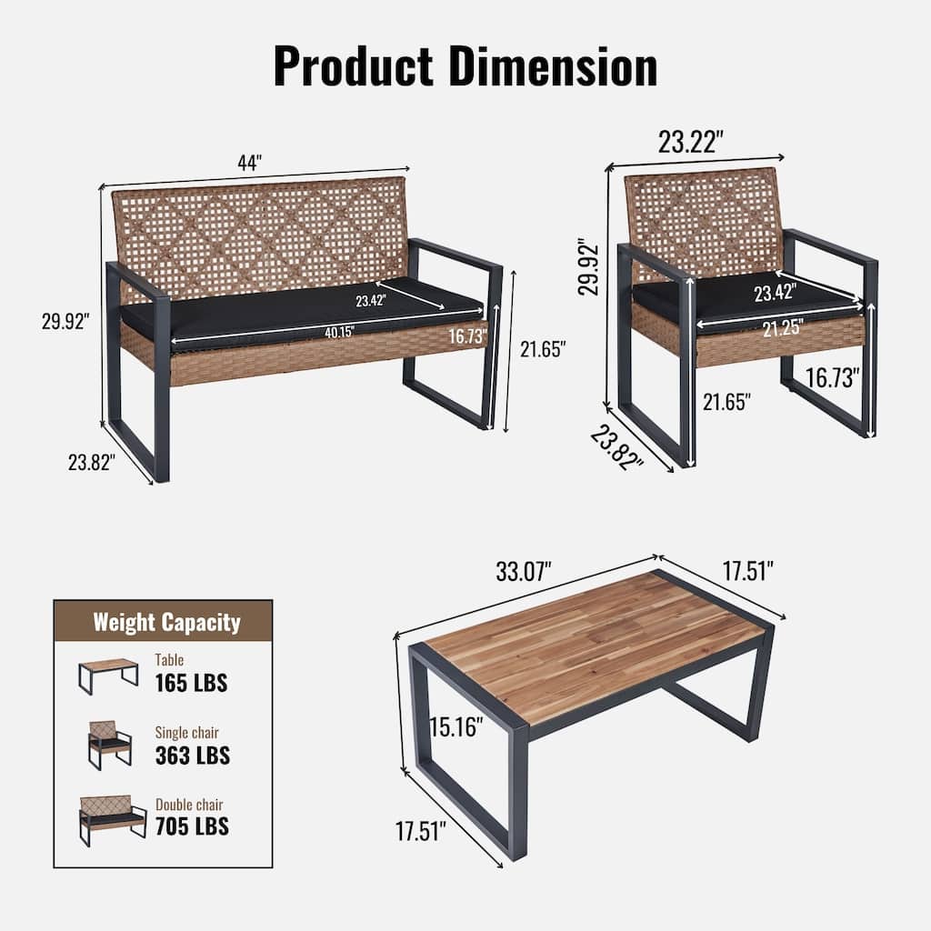 4-Piece Outdoor Patio Furniture Set, Acacia Wood Tabletop & Cushioned Seating, Wicker Rope Chairs, Backyard Garden Set