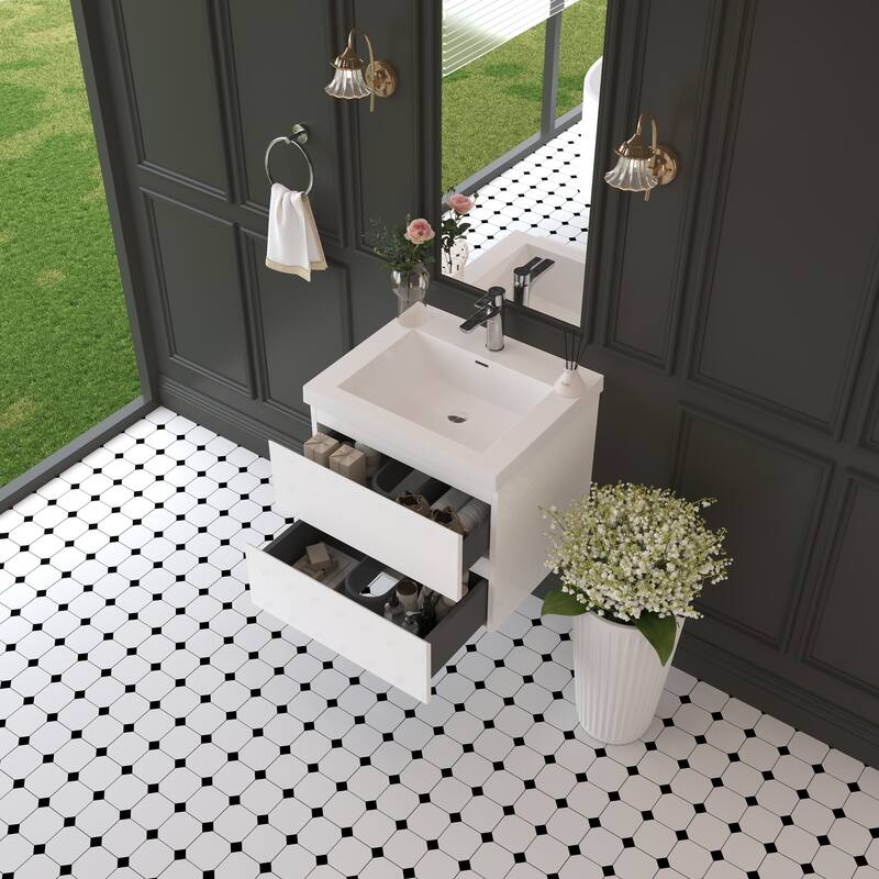 Modern Wall-Mounted Bathroom Vanity with White Solid Surface Top