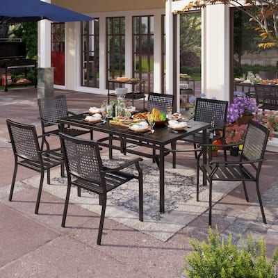7-Piece Patio Dining Set Metal E-coating of 6 Upgraded Back Pattern Chairs & 1 Umbrella Hole Metal Table