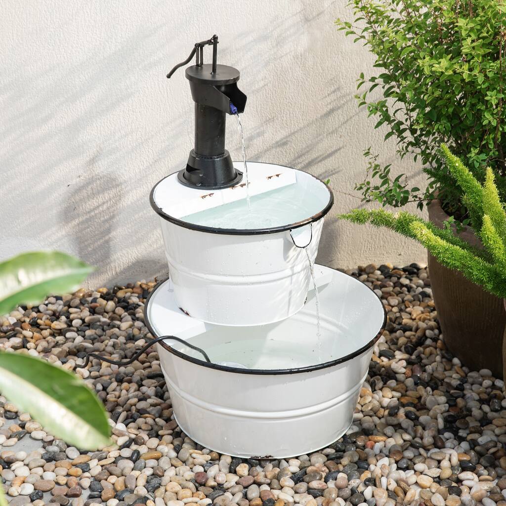 Glitzhome 32-inch Farmhouse Rustic Two Tier Metal Enamel Fountain