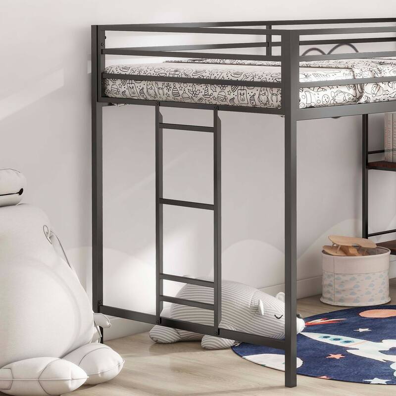 twin loft bunk black with Cinnamon wood shelf