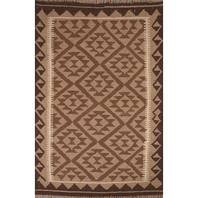 Brown Kilim Oriental Area Rug Hand-woven Reversible Wool Foyer Carpet - 3'5" x 5'2"