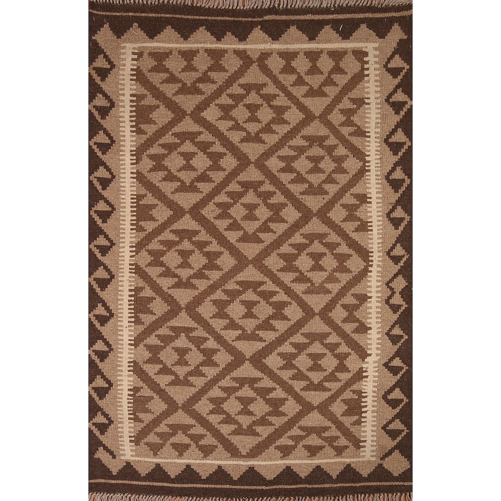 Brown Kilim Oriental Area Rug Hand-woven Reversible Wool Foyer Carpet - 3'5" x 5'2"