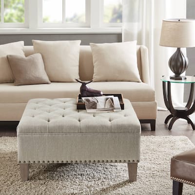 Madison Park Alice Upholstered Cocktail Ottoman - Square, Tufted, Solid Wood