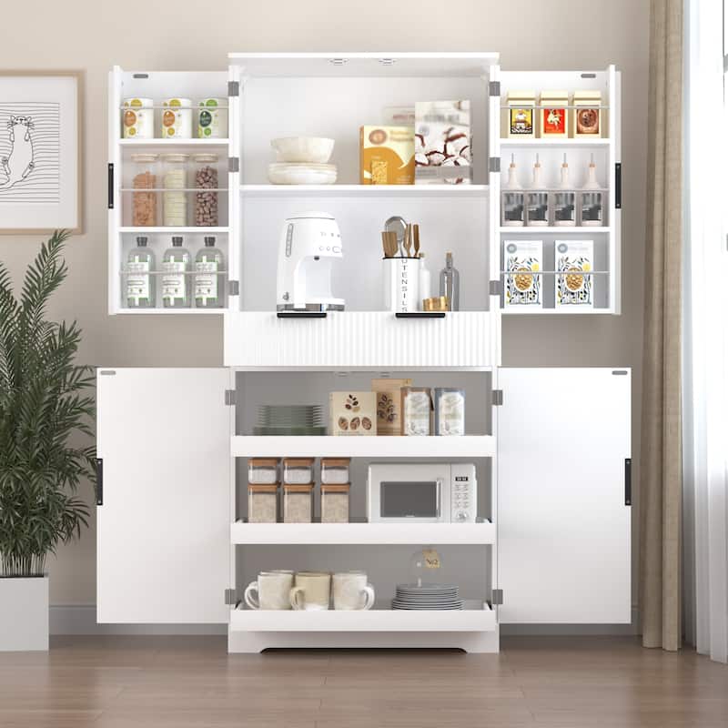 Kitchen Pantry Cabinet with 3 Pull Out Shelves, Pantry Storage Cabinet w/ 6 Door Shelf & Adjustable Shelf, Freestanding Cupboard