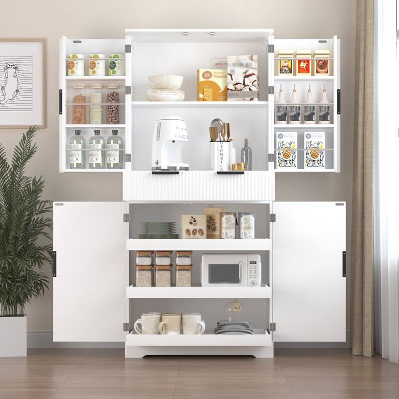 Roomfitters 72" Tall Fluted Kitchen Pantry Cabinet with 4 Pull-Out Drawers & 6 Door Spice Racks