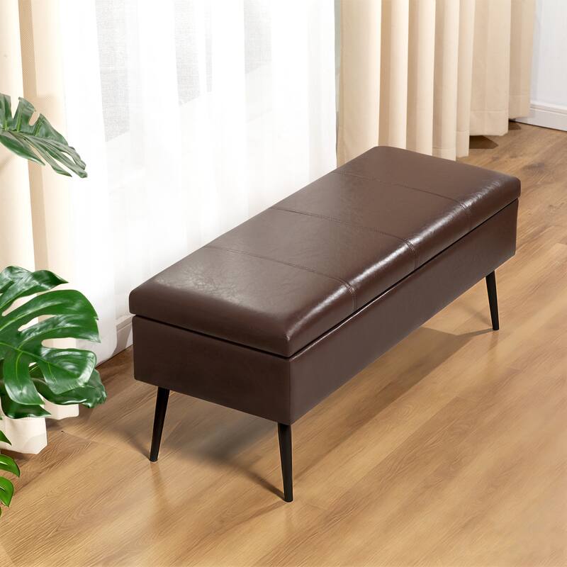 Adeco 42" Faux Leather Storage Bench with Lift-Top Lid - Brown