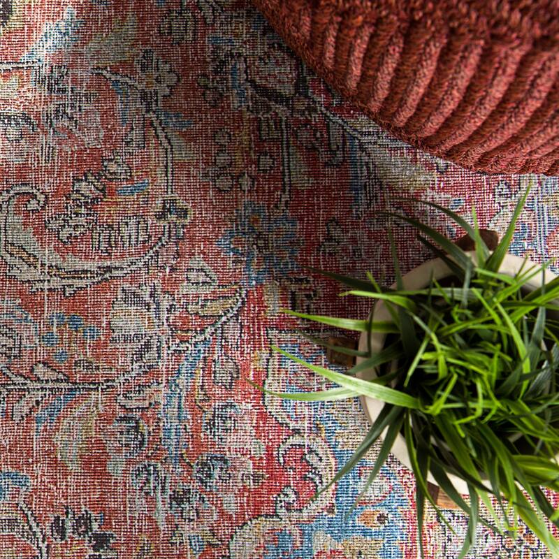 Gracewood Hollow Eddo Machine Washable Indoor/Outdoor Red and Light Blue Medallion Area Rug