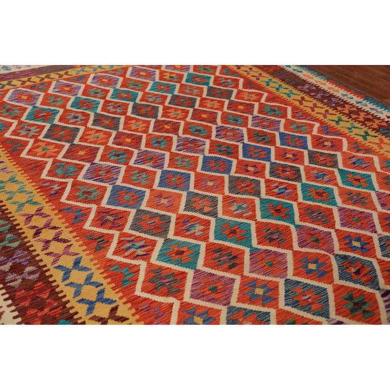 Geometric Trellis Kilim Oriental Area Rug Hand-Woven Wool Carpet - 8'4"x 11'3"