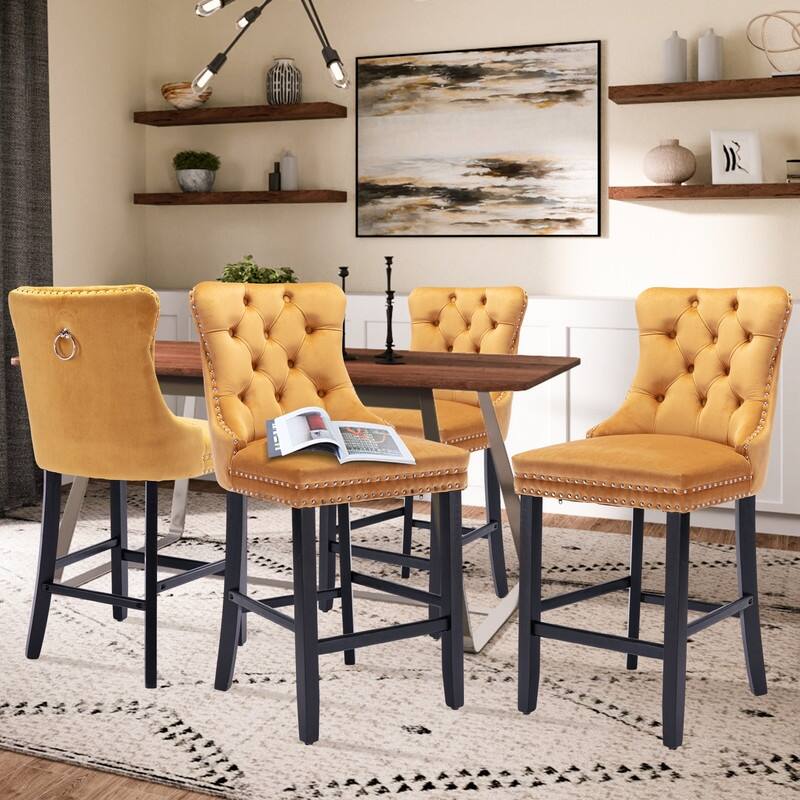Contemporary Velvet Upholstered Counter Bar Stools Set of 4
