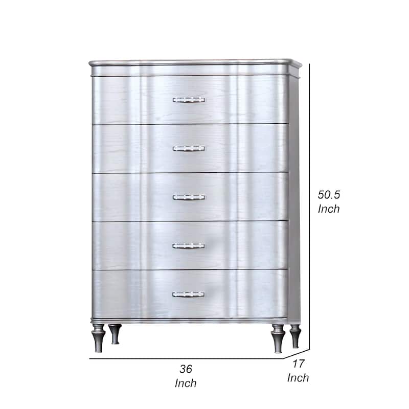 Eleena Tall Dresser Chest, 5 Drawers, Silver Solid Wood, Chrome Metal
