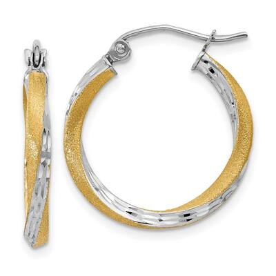 Curata 14k Yellow Gold and Rhodium Satin Diamond Cut 20x2.5mm Twisted Hoop Earrings