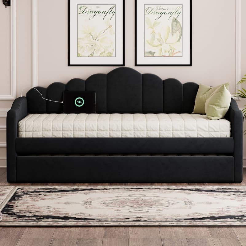 81.3" Modern Twin Size Upholstered Daybed with Trundle & Charging Station