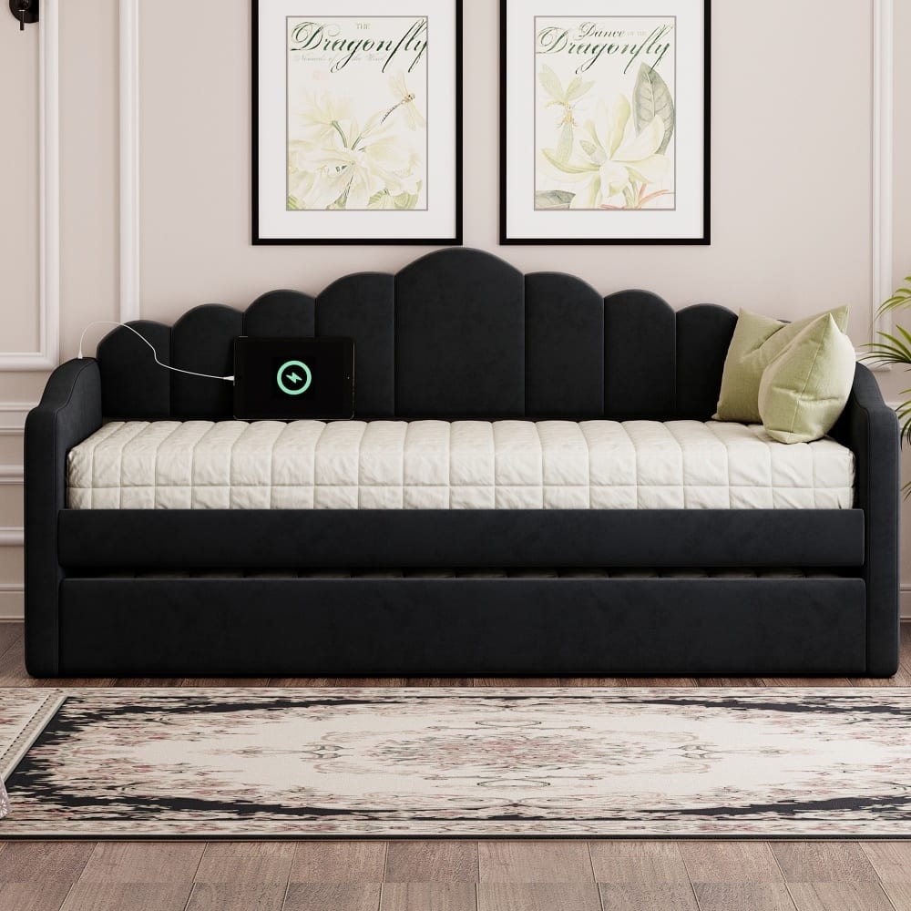 81.3" Modern Twin Size Upholstered Daybed with Trundle & Charging Station