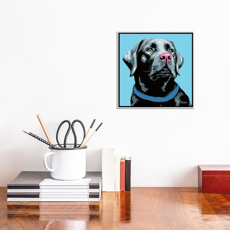 iCanvas "Black Lab Blue Woofhol" by Gretchen Kish Serrano Framed Canvas Print