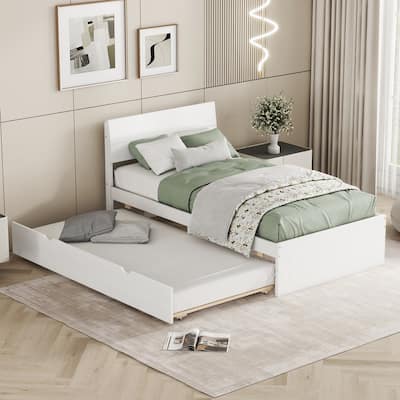 Creamy White,White Twin Platform Bed with Light Oak Trundle & High Gloss Headboard