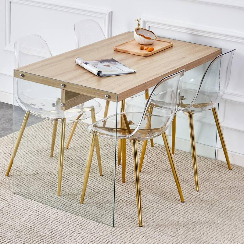 Roomfitters 5pcs Wood Texture MDF Coffee Table Set with Tempered Glass Legs and Transparent Chairs, Transparent