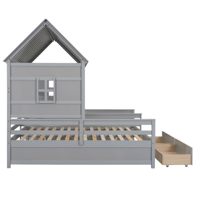 Twin Size House Platform Beds with Two Drawers for Shared Kids' Room, Gray