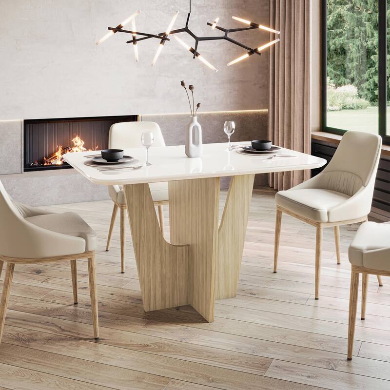 Compact 4 Seater Italian Dining Table With Painted Glass Top And Wooden Base