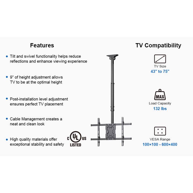 ErgoAV Ceiling Mount for TVs 43" to 75"