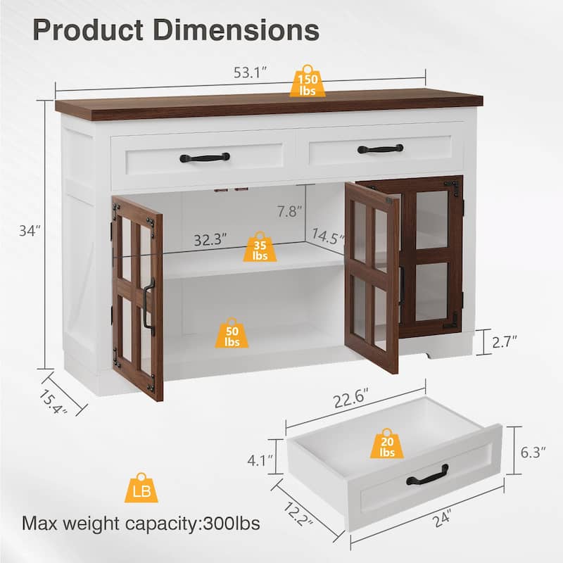Gymojoy 53" Farmhouse Buffet Cabinet with Glass Doors, Modern Sideboard Storage Console for Kitchen, Dining Room, Living Room