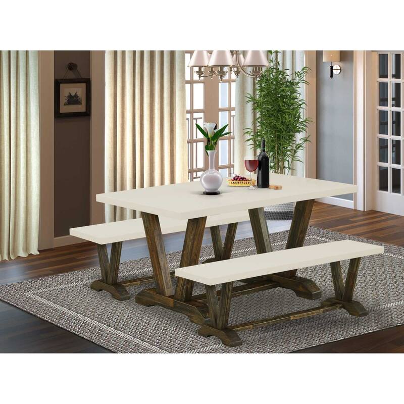 HomeStock 3-Piece Rectangle Distressed Jacobean Finish Solid Wood Top Dining Table with 2-Benches