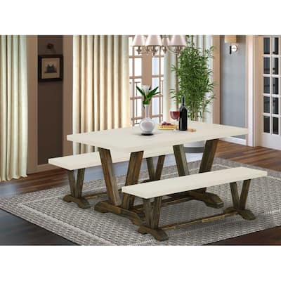 HomeStock 3-Piece Rectangle Distressed Jacobean Finish Solid Wood Top Dining Table with 2-Benches