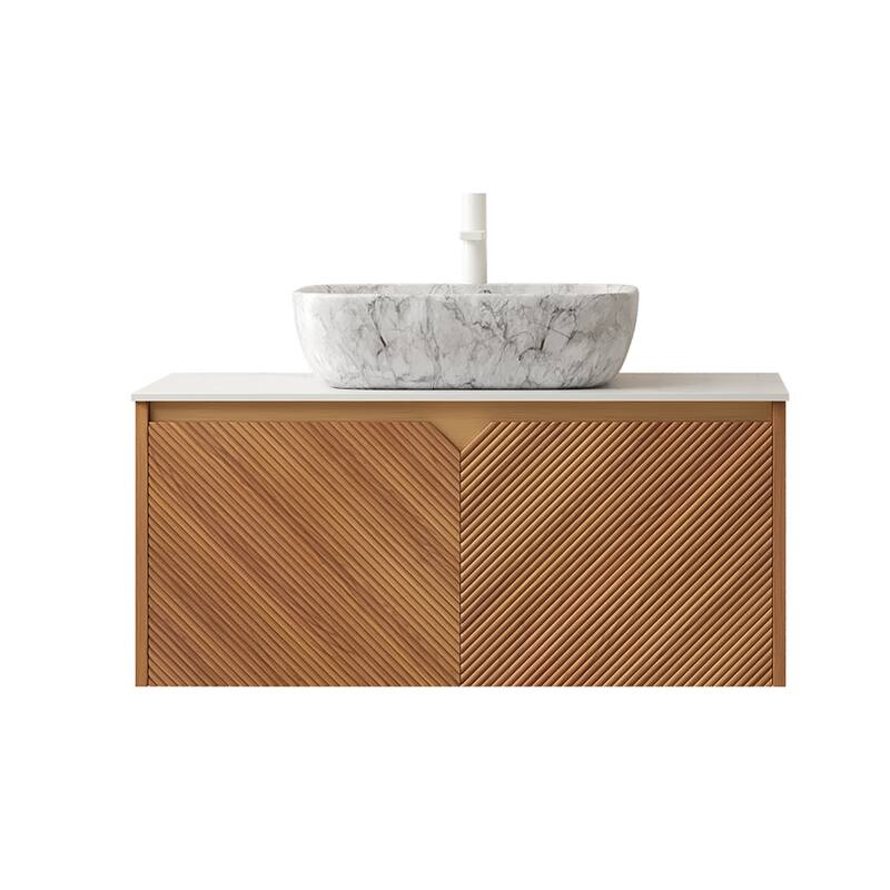 30"/36"/48" Floating Bathroom Vanity with Vessel Sink, Wall Mounted Sintered Stone Countertop Bathroom Storage Cabinet