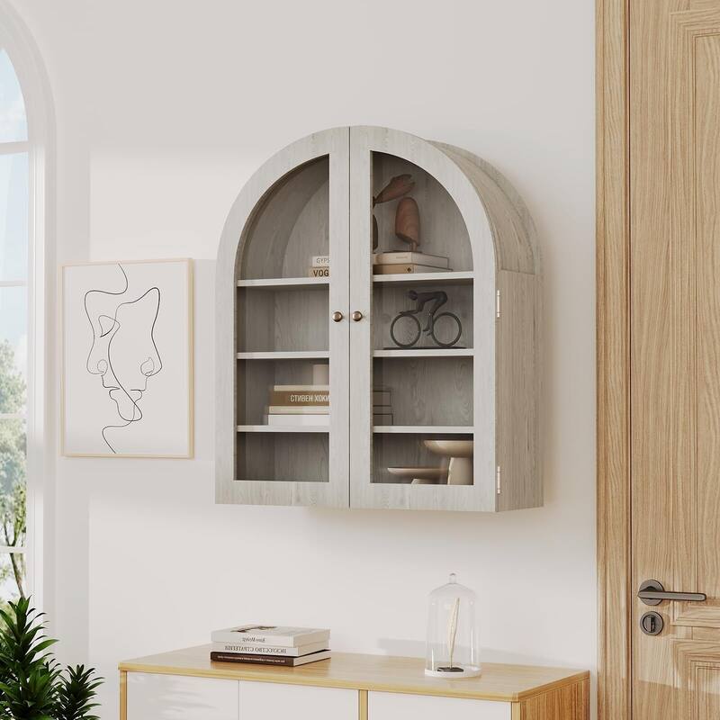 Arched Wall Cabinet, Small Wall-Mounted Bathroom Medicine Cabinet with Glass Doors & Adjustable Shelves