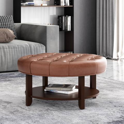 Rumbrook Faux Leather and Rubberwood Round Ottoman with Open Shelf by Christopher Knight Home