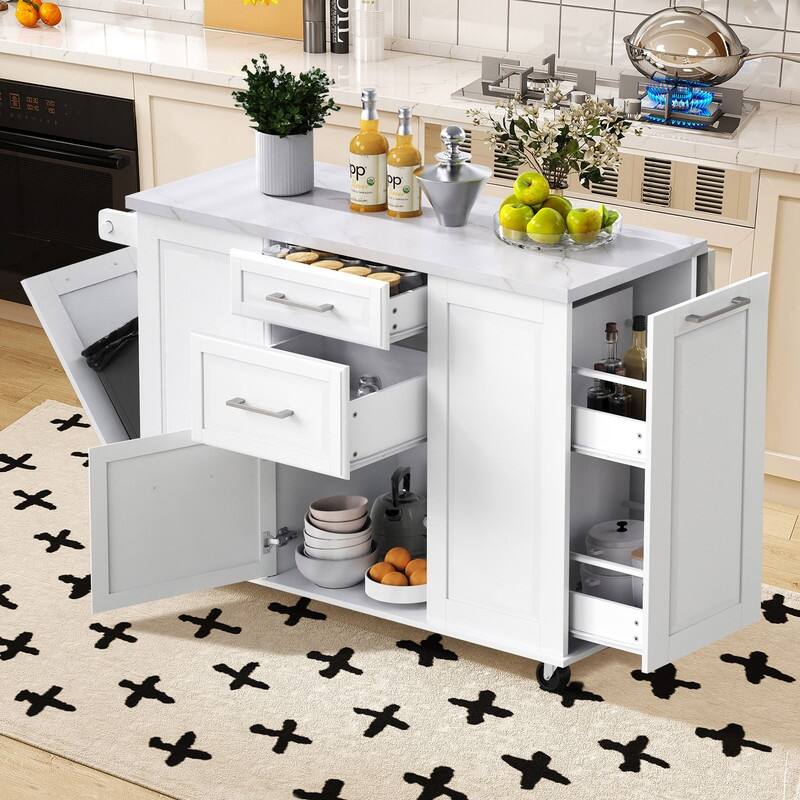 50.7" Kitchen Island with Storage and Concealed Trash Can, Rolling Kitchen Island on 5 Wheels with Drop Leaf, Drawers and Door