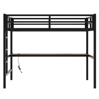 Metal Loft Bed with Power Outlet and LED Lighted, Space-Saving