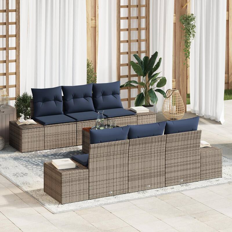 vidaXL 7 Garden Sofa Set with Cushions Black/Grey Poly Rattan - 94.1 x 24.4 x 27.2 - Grey
