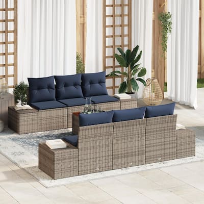 vidaXL 7 Garden Sofa Set with Cushions Black/Grey Poly Rattan - 94.1 x 24.4 x 27.2