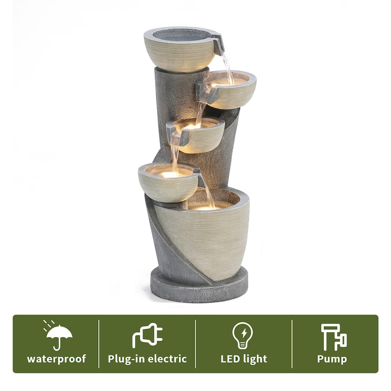 Gray Cascading Bowls and Column Resin Outdoor Fountain with LED Lights