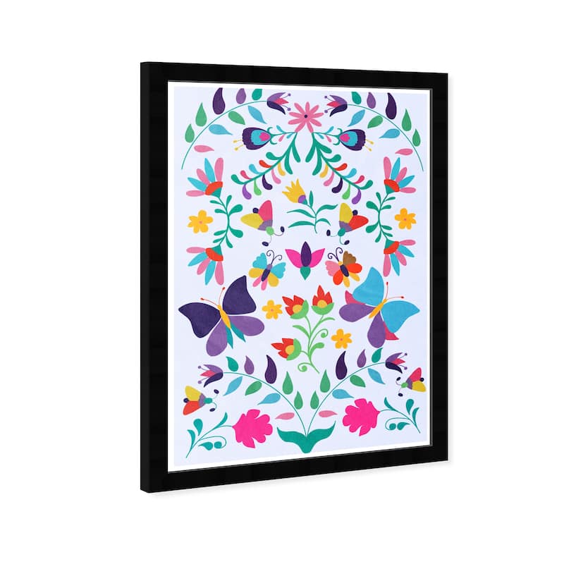 "Colorfull Floral II", Flowers and Butterflies Pattern Traditional Pink Framed Wall Art Print for Bedroom